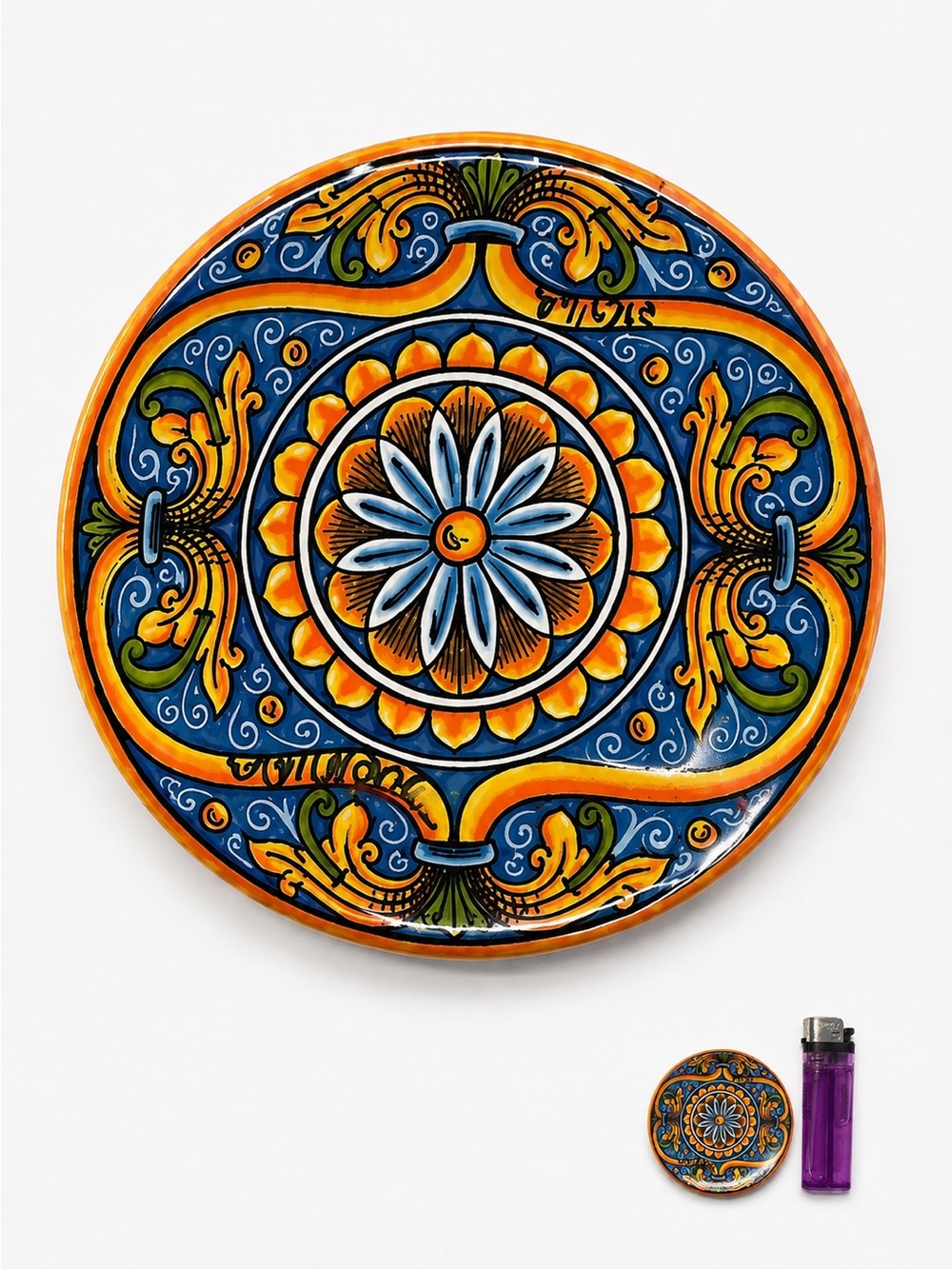 TINY Hand-Painted Ceramic Plate Magnet- Blue & Yellow Floral Medallion